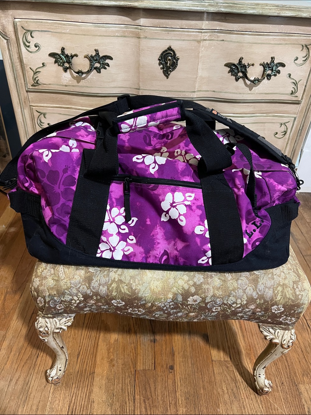L.L. Bean Purple Floral Travel Duffel with Black Accents